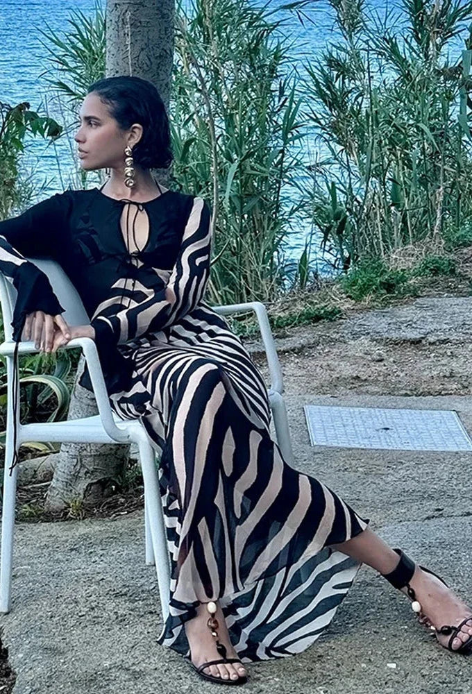 Transparent Zebra Print Chiffon Dress Sexy Elegant V-neck Long Sleeve Maxi Dresses Summer Beach Outfit C92-DE25