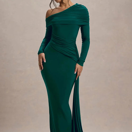Load image into Gallery viewer, Skew Collar Long Sleeve Sexy Maxi Dress For Women Gown Fashion Backless Draped Ruched Bodycon Club Long Dress Elegant
