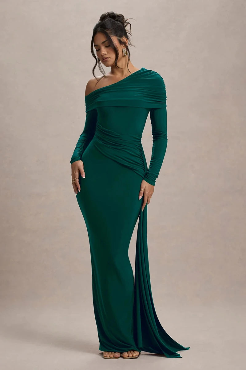 Skew Collar Long Sleeve Sexy Maxi Dress For Women Gown Fashion Backless Draped Ruched Bodycon Club Long Dress Elegant