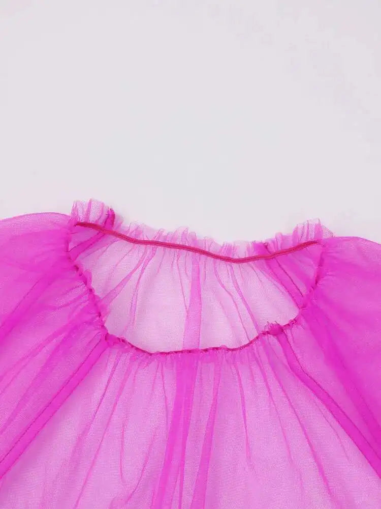 Women Purple Ruffles Mesh Perspective Big Size Long Dress New Round Neck Half Sleeve Fashion Spring Summer 2025 JR7711