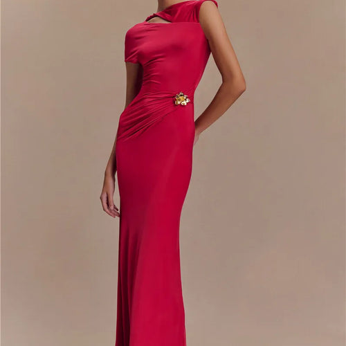 Load image into Gallery viewer, Hollow Out Gold Clasp Sexy Maxi Dress For Women Gown Solid Sleeveless Backless Ruched Bodycon Club Long Dress Elegant
