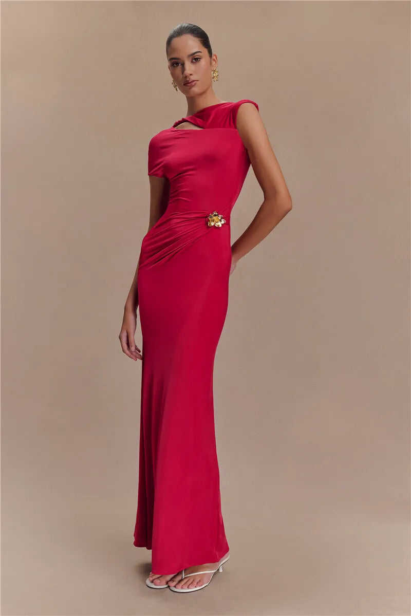 Hollow Out Gold Clasp Sexy Maxi Dress For Women Gown Solid Sleeveless Backless Ruched Bodycon Club Long Dress Elegant