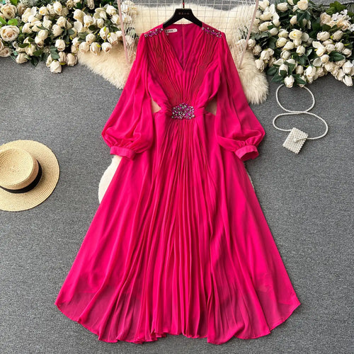 Load image into Gallery viewer, French Women Solid V Neck Diamond Elegant High Waist Pleated Dresses Autumn Winter Slim Long Sleeve Holiday Dress Ladies Popular
