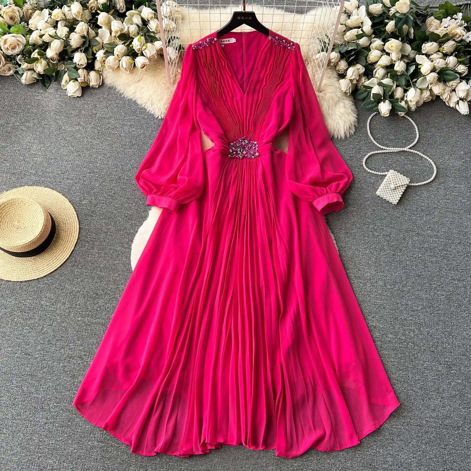 French Women Solid V Neck Diamond Elegant High Waist Pleated Dresses Autumn Winter Slim Long Sleeve Holiday Dress Ladies Popular