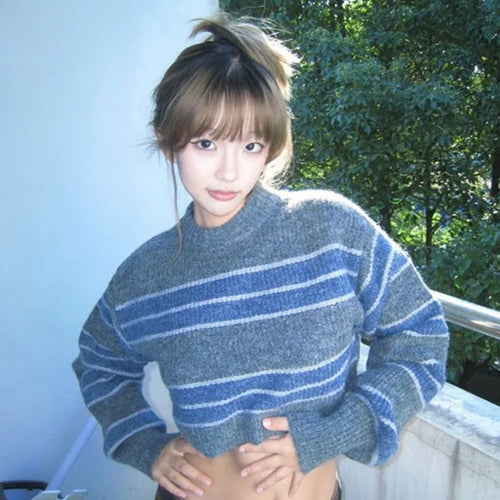 Load image into Gallery viewer, Vintage Striped Cropped Sweater Women Loose Harajuku Pullover Y2k Sexy Girl Korean Fashion Streetwear Fairy Jumper All Match

