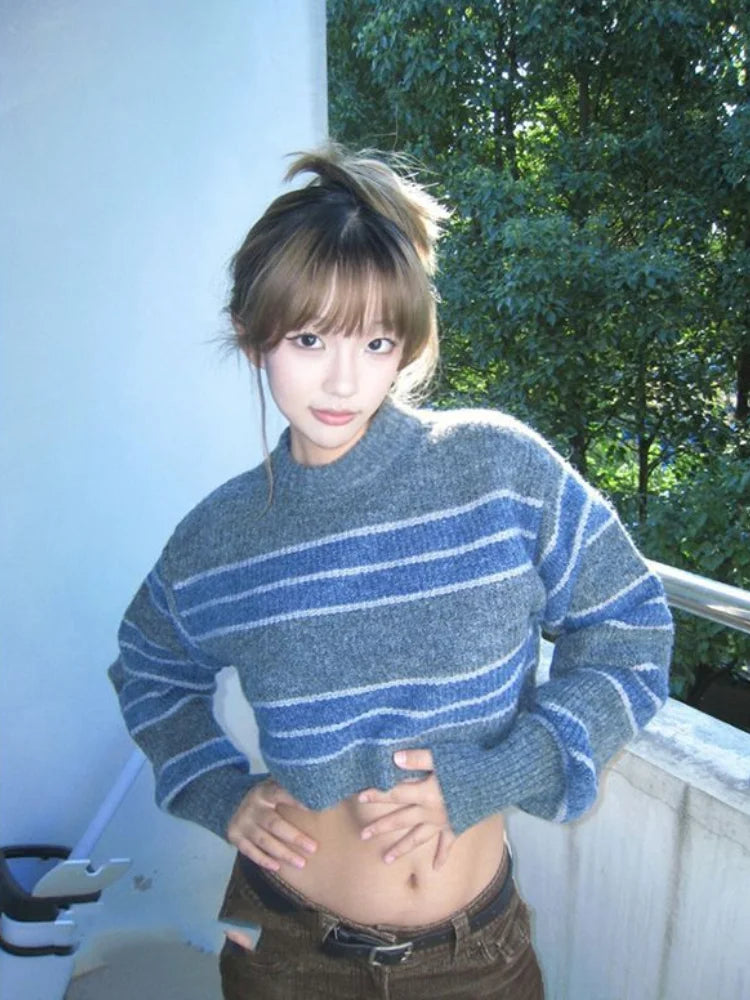 Vintage Striped Cropped Sweater Women Loose Harajuku Pullover Y2k Sexy Girl Korean Fashion Streetwear Fairy Jumper All Match