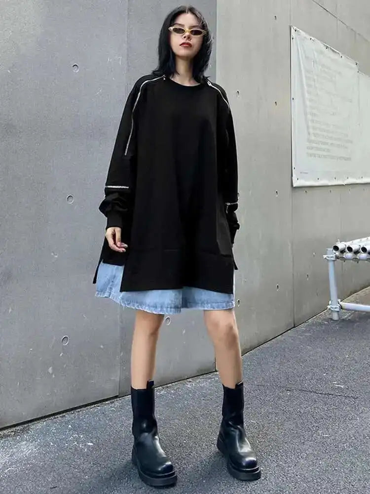 Women Black Denim Hem Zipper Big Size Casual Long T-shirt New Round Neck Long Sleeve Fashion Spring Autumn 2025 1DF6030