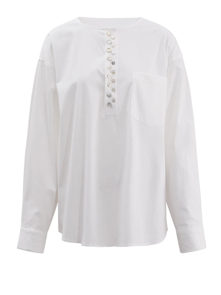 Women White Irreuglar Button Big Size Elegant Blouse New Round Neck Long Sleeve Shirt Fashion Spring Autumn 2025 CPG1558