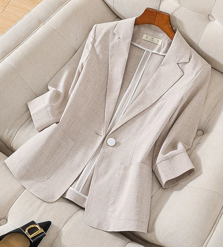 Korean Fashion White Gray Elegant Party Blazer Tops Women Vintage Seven-point Sleeve Single Button Lapel Professional Coat 2024