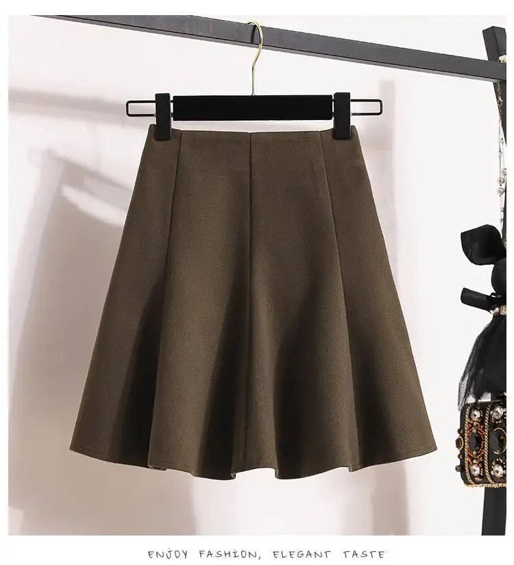 Solid Elegant Zippered Woolen Short Skirt Ladies 2023 Autumn Winter Women's High Waist Korean Plus Size Party Mini Pleated Skirt