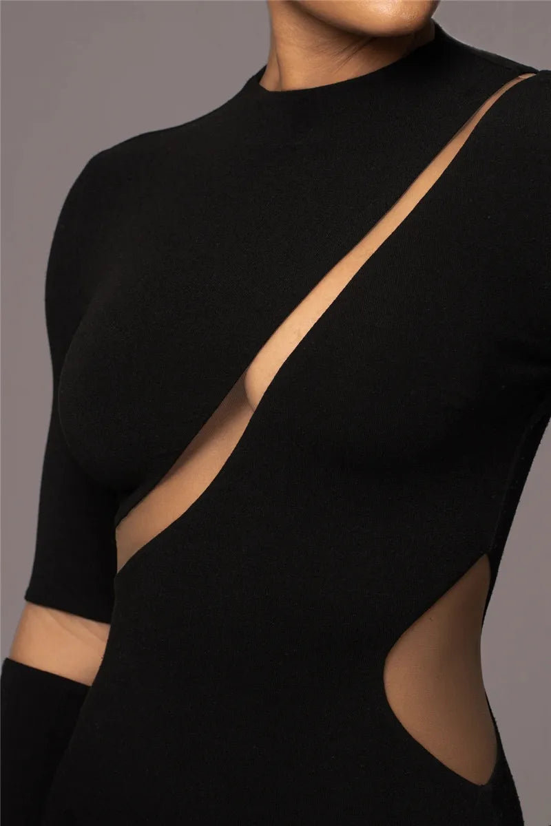 Turtleneck Long Sleeve Bodycon Maxi Dress For Women Autumn New Patchwork Hollow Out Club Party Sexy Long Dress Vestidos