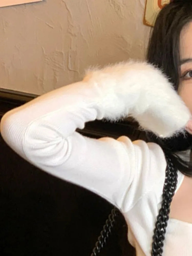 Harajuku Knitted Patchwork Fur Sweet Crop T-Shirts Women Slim Fit Y2k Aesthetic Tees Autumn Vintage Grunge Bottoming Tshirts