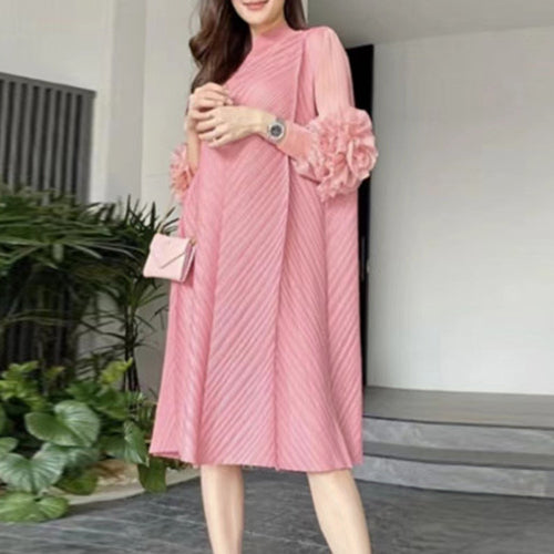 Load image into Gallery viewer, Spring Folds Dresses For Women Half High Collar Puff Sleeve High Waist Oversize Midi Dress Female Fashion Clothes
