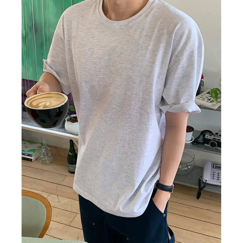 Men's Short SleeveT-shirts New Summer Loose Solid Color Korean Round Neck Style Pullover Casual Trendy Male Top 9W1611