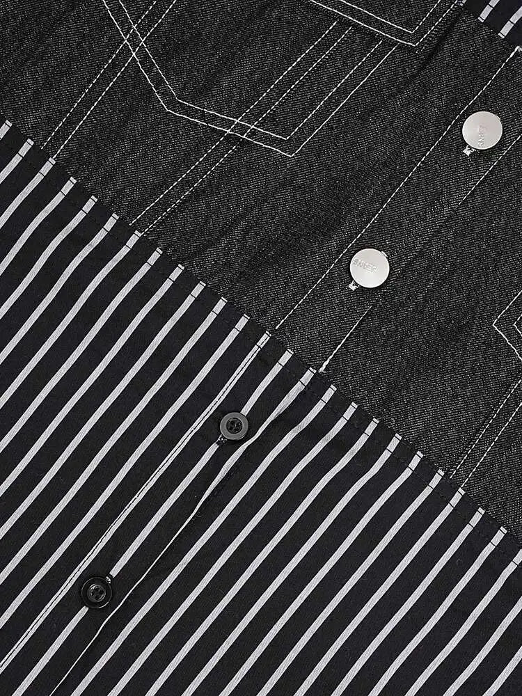 Women Black Striped Denim Spliced Big Size Blouse New Lapel Long Sleeve Shirt Fashion Tide Spring Autumn 2025 CP6A0001