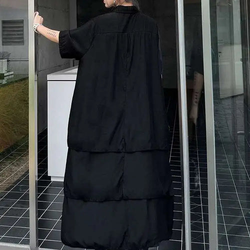 Load image into Gallery viewer, Women Black Layers Back Long Big Size Long Shirt Dress New Lapel Short Sleeve Fashion Tide Spring Summer 2025 1DH6073
