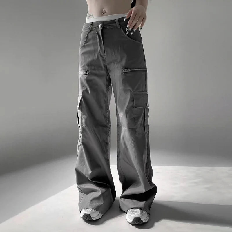 Harajuku Zipper Cargo Trousers Women Solid Basic Straight Leg Korean Fashion Suit Pants Pockets Low Rise Sweatpants
