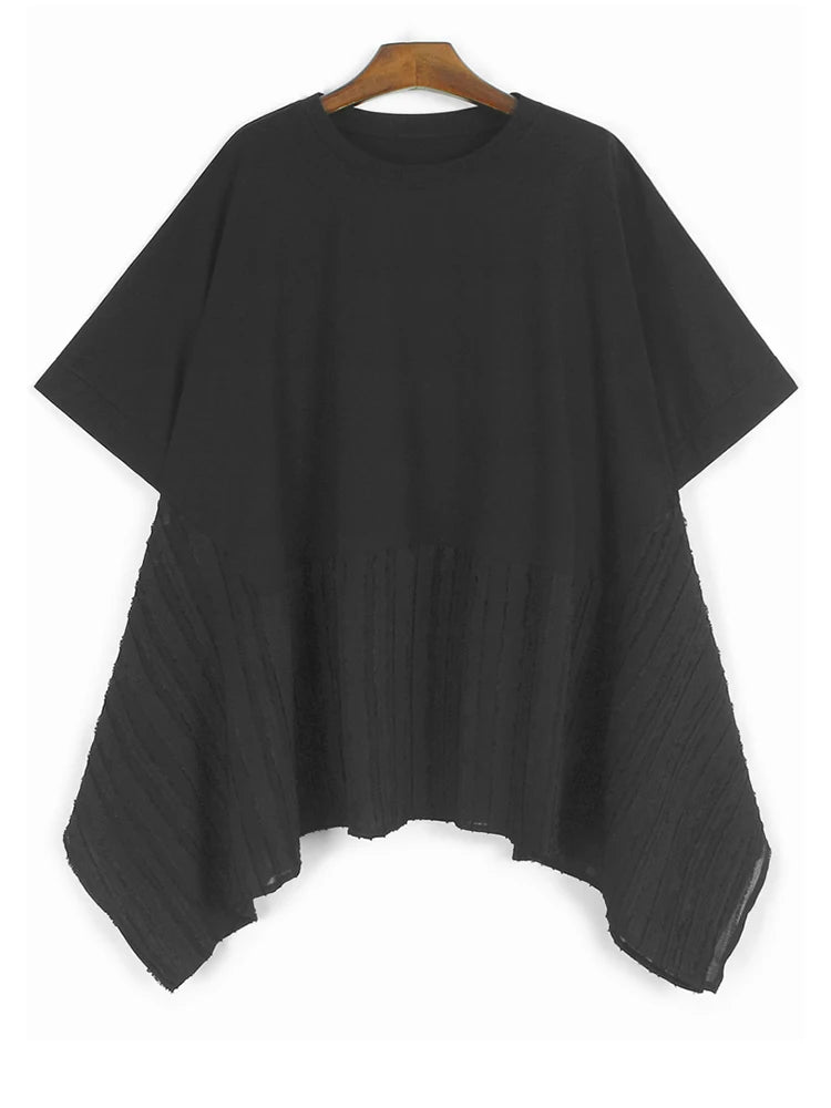 Women Gray White Color-block Irregular Big Size T-shirt New Round Neck Short Sleeve Fashion Spring Summer 2025 1DJ1583