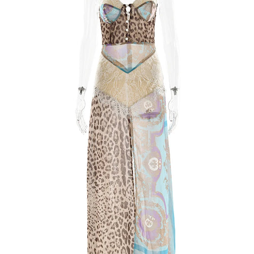 Load image into Gallery viewer, Leopard Lace Patchwork Long Dress For Women Elegant Spaghetti Strap High Split Slim Dresses Sexy Summer Beachwear Vestido
