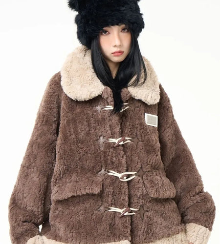 Contrast Color Streetwear Fashion Fluffy Warm Jackets Y2k Aesthetic All Match Horn Button Tops Casual Grunge Loose Coats Women