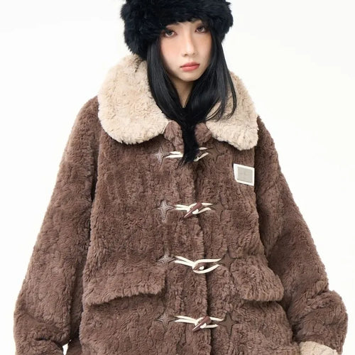 Load image into Gallery viewer, Contrast Color Streetwear Fashion Fluffy Warm Jackets Y2k Aesthetic All Match Horn Button Tops Casual Grunge Loose Coats Women
