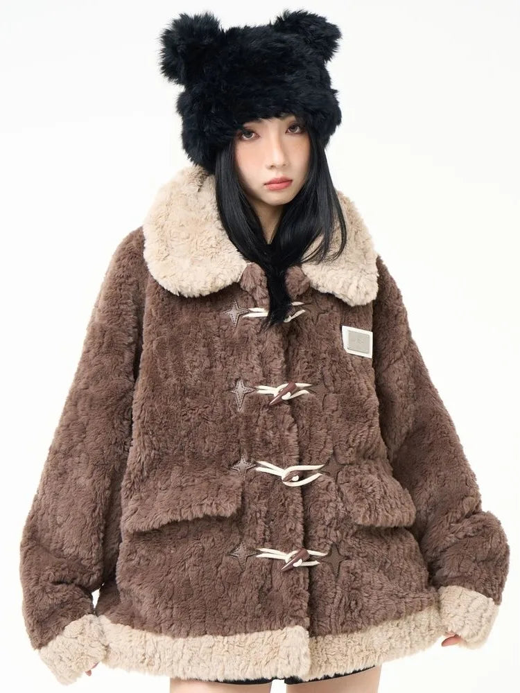 Contrast Color Streetwear Fashion Fluffy Warm Jackets Y2k Aesthetic All Match Horn Button Tops Casual Grunge Loose Coats Women