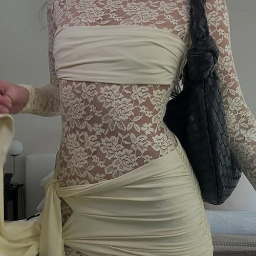 Load image into Gallery viewer, Lace See Through Draped Mini Dress Women Robe Elegant Patchwork Long Sleeve Slim Ruched Club Party Dress Clubwear
