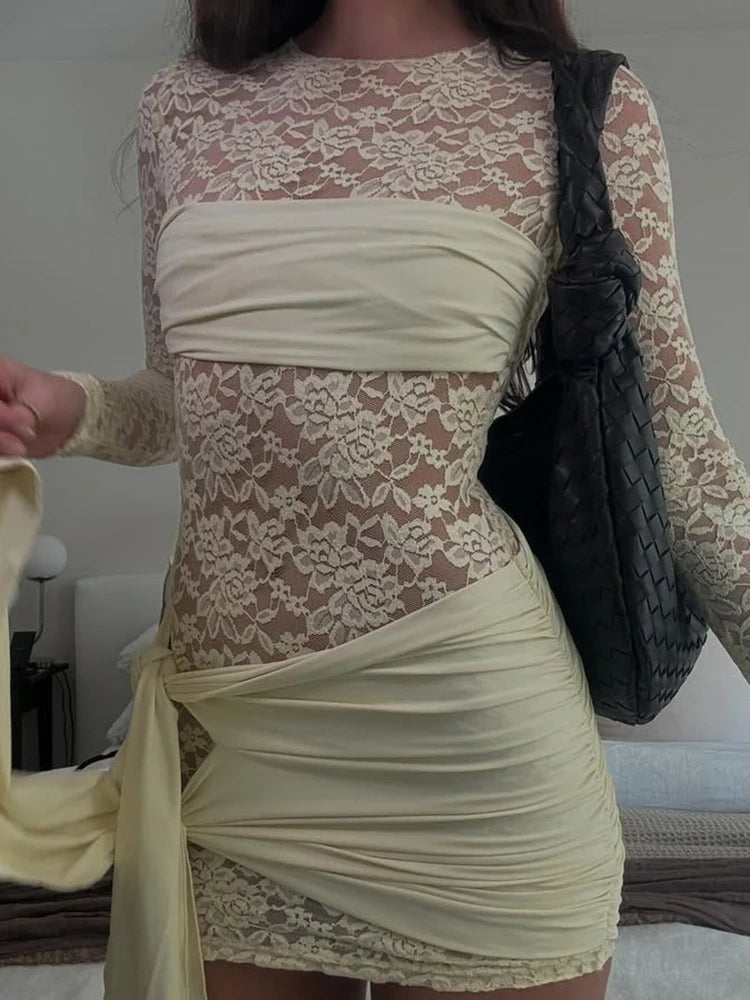 Lace See Through Draped Mini Dress Women Robe Elegant Patchwork Long Sleeve Slim Ruched Club Party Dress Clubwear