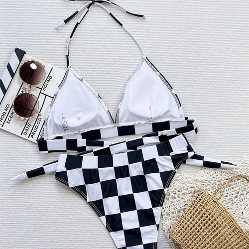 Load image into Gallery viewer, Halter Plaid Bikinis 2025 Sexy Swimsuit Women Bandage Swimwear High Waist Biquini Bathing Suit Brazilian Beachwear
