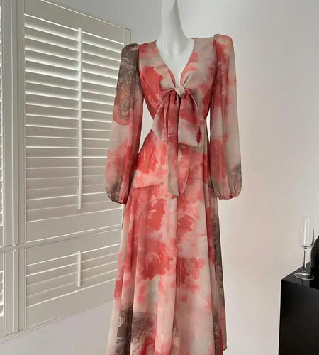 Spring French Fashion Vintage Red Print Elegant V Neck Bow Bandage Party Dress Women Long Sleeves Festival Dress Bohemian Trendy