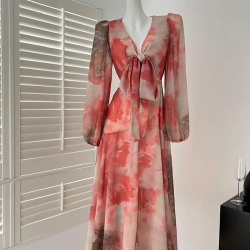 Load image into Gallery viewer, Spring French Fashion Vintage Red Print Elegant V Neck Bow Bandage Party Dress Women Long Sleeves Festival Dress Bohemian Trendy
