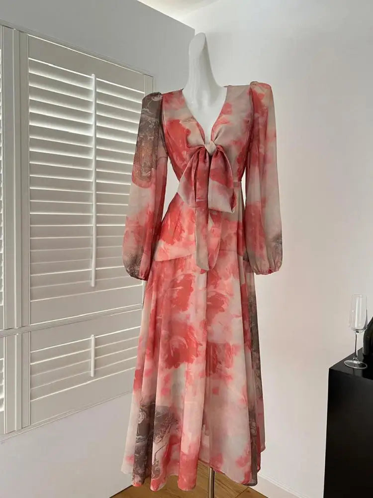 Spring French Fashion Vintage Red Print Elegant V Neck Bow Bandage Party Dress Women Long Sleeves Festival Dress Bohemian Trendy