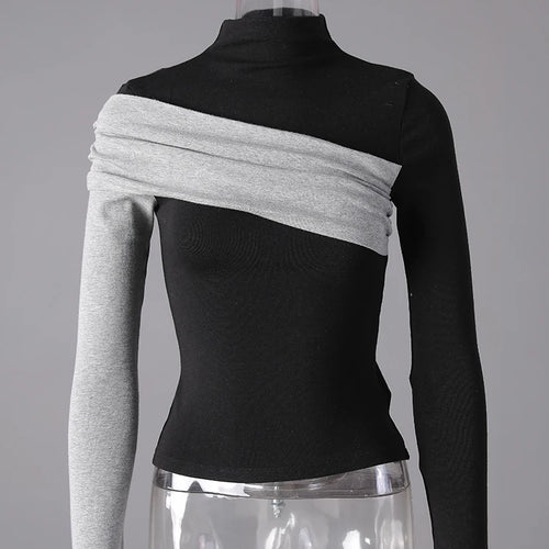 Load image into Gallery viewer, Women Black Coffee Color-block Elegant Slim T-shirt New Turtleneck Long Sleeve Fashion Tide Spring Autumn 2025 CPG3266
