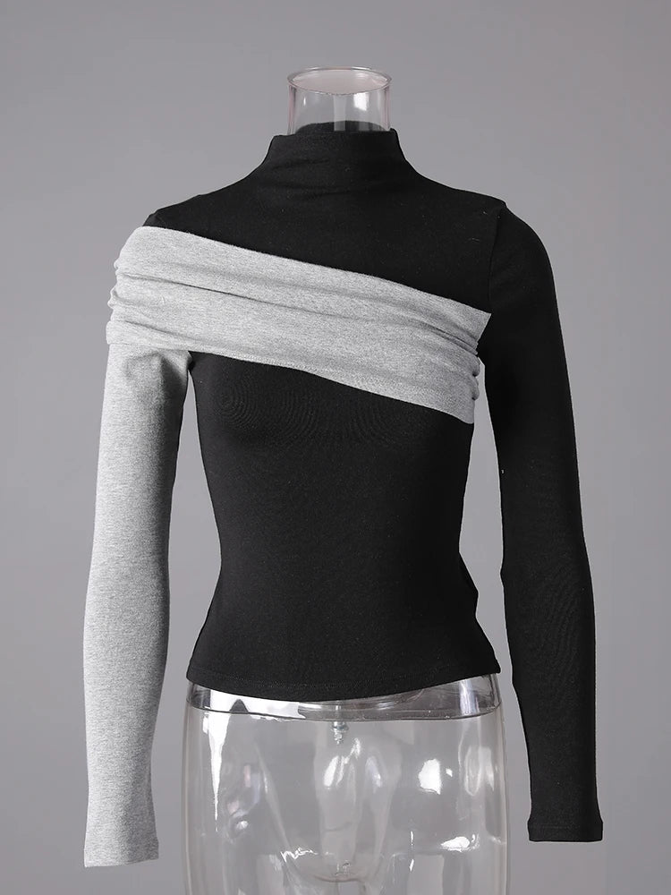 Women Black Coffee Color-block Elegant Slim T-shirt New Turtleneck Long Sleeve Fashion Tide Spring Autumn 2025 CPG3266