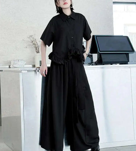 High Elastic Waist Black Buckle Spliced Long Wide Leg Pants New Trousers Women Fashion Tide Spring Autumn 2025 1DJ0632
