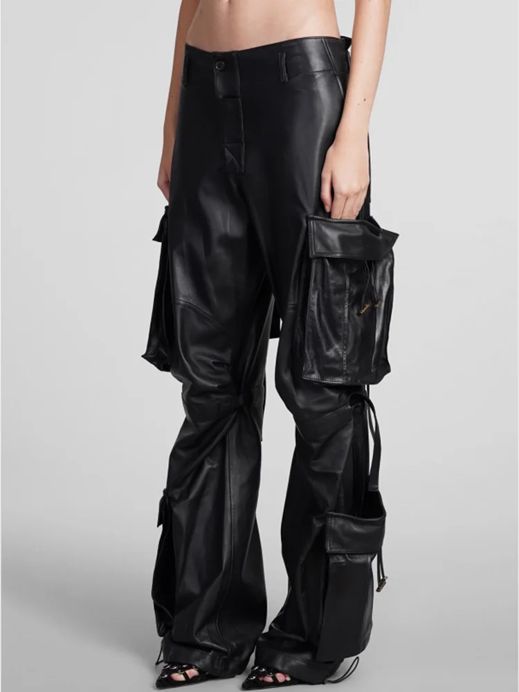 Solid Patchwork Pockets Leather Cargo Pants For Women High Waist Streetwear Loose Floor Length Trousers Female Fashion