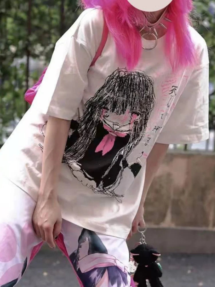 Kawaii Cute Japanese Loose Cartoon Print T-shirt Casual O Neck 2025 Summer Tops Women Short Sleeve Y2k Aesthetic All Match Tees