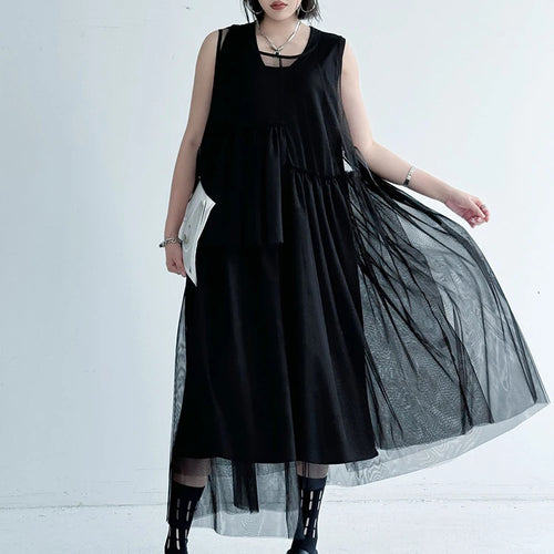 Load image into Gallery viewer, Women Black Khaki Mesh Perspctive Big Size Long Dress New Round Neck Sleeveless Fashion Tide Spring Autumn 2025  1DJ1064
