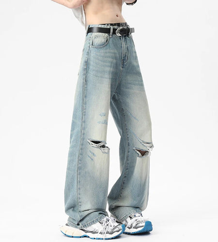 Worn-out Men's Jeans Hole Design New Stylish Summer American Male Loose Casual Denim Pants Straight Menwear Trend 9W1653