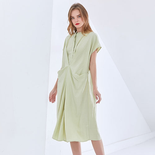 Load image into Gallery viewer, Fold Pleated Oversized Dress For Women Stand Collar Short Sleeve Loose Solid Midi Dresses Female Fashion Clothing
