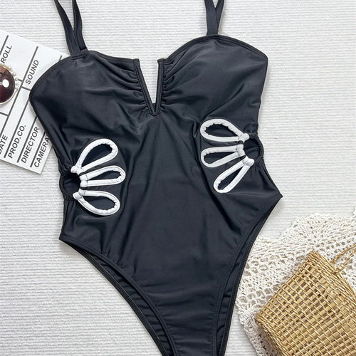 Load image into Gallery viewer, Sexy Black V Neck Women One Piece Swimwear High Waist Backless Monokini Hollow Out Thong Bathing Suit
