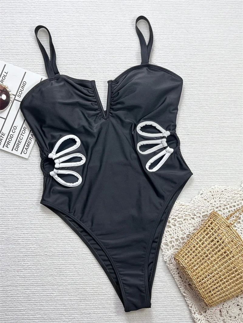 Sexy Black V Neck Women One Piece Swimwear High Waist Backless Monokini Hollow Out Thong Bathing Suit