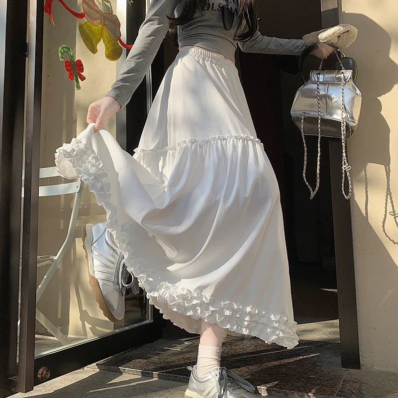 Spring Summer French Vintage Fashion Black Elegant Sexy Ruffle Edge Pleated Long Skirt Women White High Waist Slim Skirts 2025