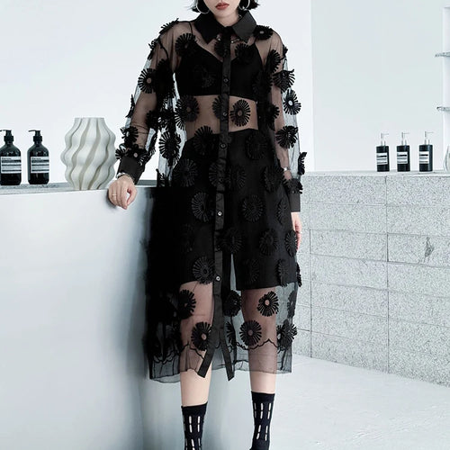 Load image into Gallery viewer, Women Black Mesh Embroidery Perspective Big Size Shirt Dress New Lapel Long Sleeve Fashion Spring Summer 2025 1DJ1154
