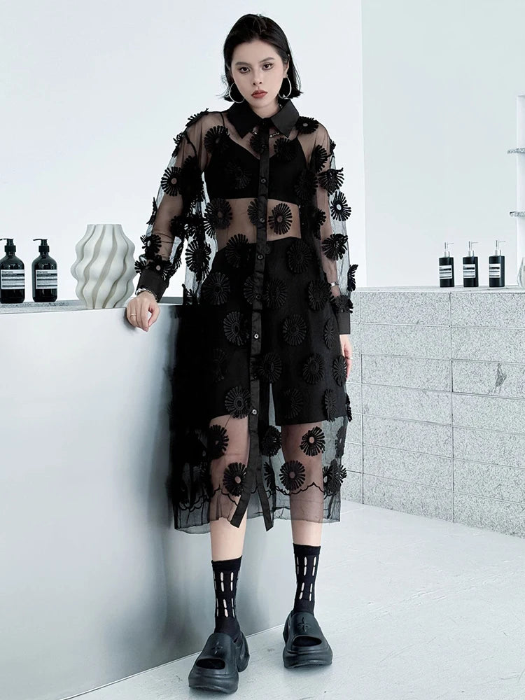 Women Black Mesh Embroidery Perspective Big Size Shirt Dress New Lapel Long Sleeve Fashion Spring Summer 2025 1DJ1154