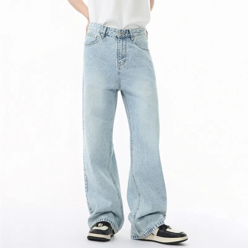 Men's Jeans Korean New Fashion Washed Style Solid Color Male Trousers Straight Wide Leg Simple Casual Bottoms 2025 9W1681