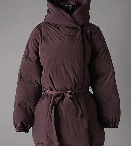 Wine Red Belted Big Size Warm Cotton-padded Coat Long Sleeve Women Parkas Fashion Tide New Autumn Winter 2025 2AA4243