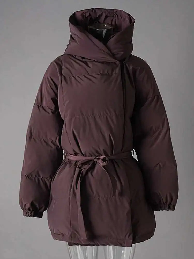 Wine Red Belted Big Size Warm Cotton-padded Coat Long Sleeve Women Parkas Fashion Tide New Autumn Winter 2025 2AA4243