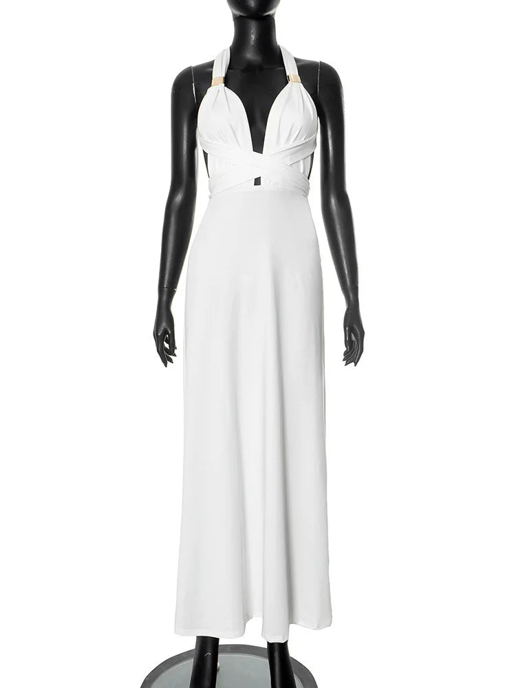 Halter Deep V Neck Sexy Maxi Dress For Women Fashion Solid Sleeveless Backless Lace-up Club Party Long Dress Vestido