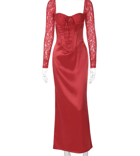 Solid Square Collar Long Sleeve Patchwork Bandage Zipper Sexy Maxi Dress Spring Elegant Outfits Evening Party Birthday